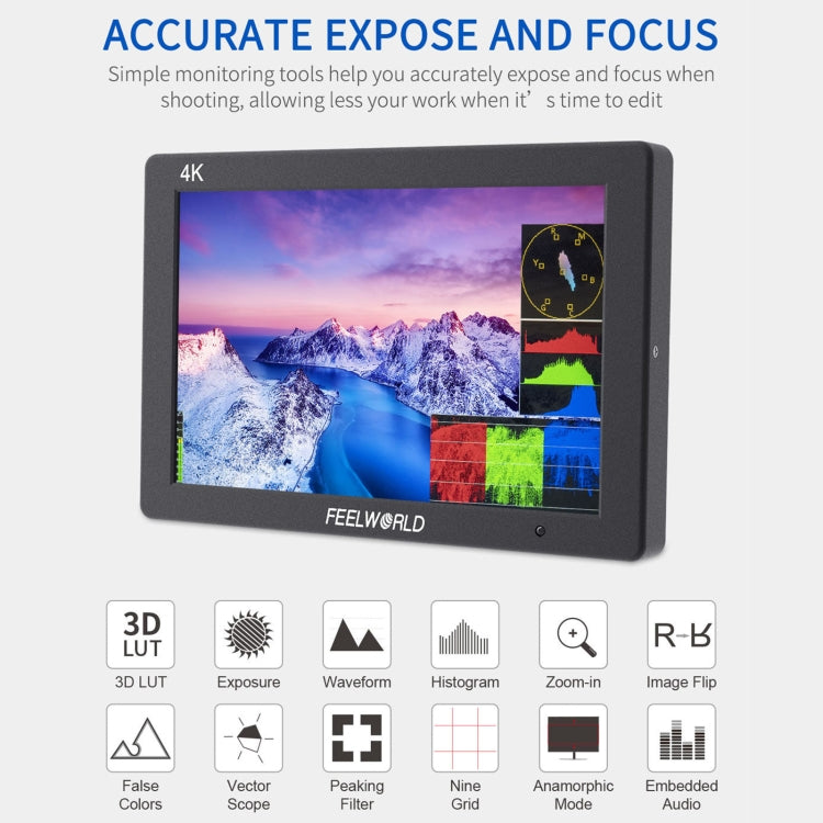 FEELWORLD T7 PLUS 7 inch 3D LUT DSLR Camera Field Monitor with Waveform 4K HDMI Aluminum Housing (Black) - On-camera Monitors by FEELWORLD | Online Shopping UK | buy2fix