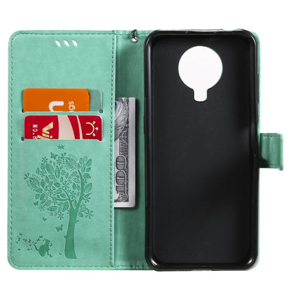 For Nokia G10 Tree & Cat Pattern Pressed Printing Horizontal Flip PU Leather Case with Holder & Card Slots & Wallet & Lanyard(Green) - Nokia Cases by buy2fix | Online Shopping UK | buy2fix