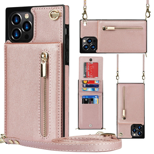 For iPhone 12 Pro Max Cross-body Zipper Square TPU+PU Back Cover Case with Holder & Card Slots & Wallet & Strap(Rose Gold) - iPhone 12 Pro Max Cases by buy2fix | Online Shopping UK | buy2fix