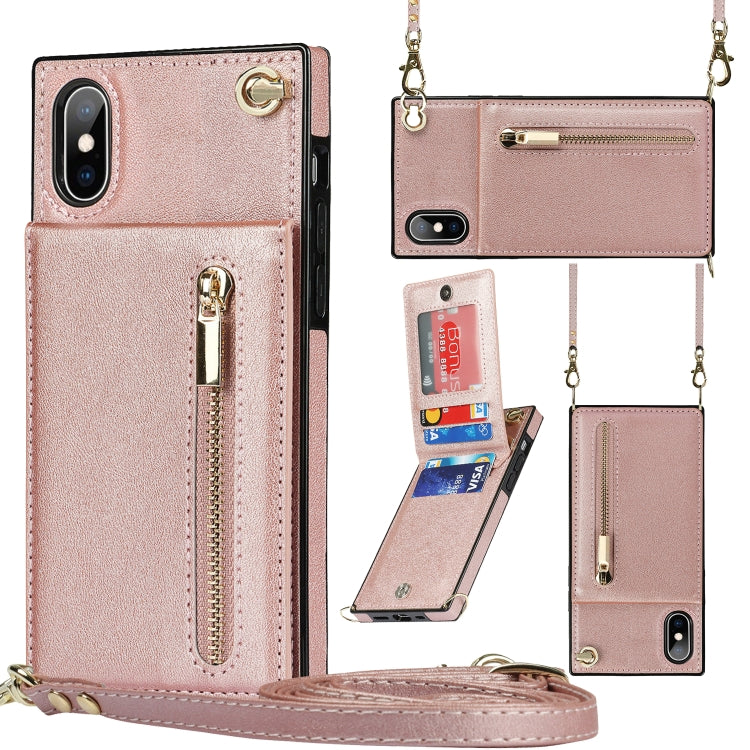 For iPhone X / XS Cross-body Zipper Square TPU+PU Back Cover Case with Holder & Card Slots & Wallet & Strap(Rose Gold) - More iPhone Cases by buy2fix | Online Shopping UK | buy2fix