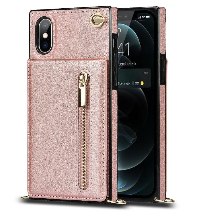 For iPhone X / XS Cross-body Zipper Square TPU+PU Back Cover Case with Holder & Card Slots & Wallet & Strap(Rose Gold) - More iPhone Cases by buy2fix | Online Shopping UK | buy2fix