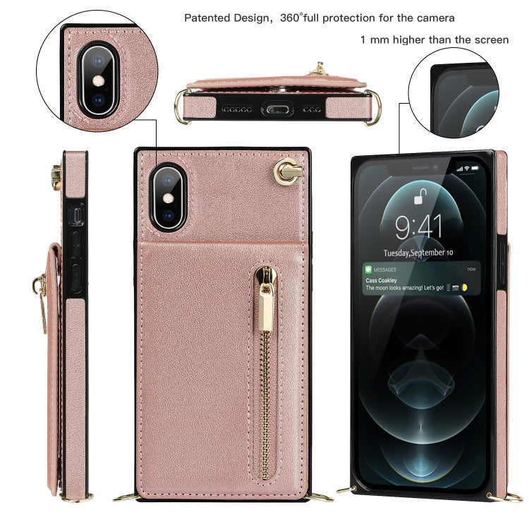 For iPhone X / XS Cross-body Zipper Square TPU+PU Back Cover Case with Holder & Card Slots & Wallet & Strap(Rose Gold) - More iPhone Cases by buy2fix | Online Shopping UK | buy2fix