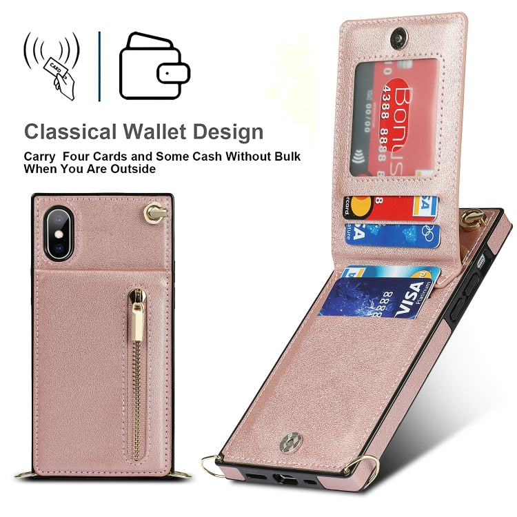 For iPhone X / XS Cross-body Zipper Square TPU+PU Back Cover Case with Holder & Card Slots & Wallet & Strap(Rose Gold) - More iPhone Cases by buy2fix | Online Shopping UK | buy2fix