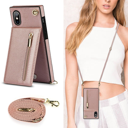 For iPhone X / XS Cross-body Zipper Square TPU+PU Back Cover Case with Holder & Card Slots & Wallet & Strap(Rose Gold) - More iPhone Cases by buy2fix | Online Shopping UK | buy2fix