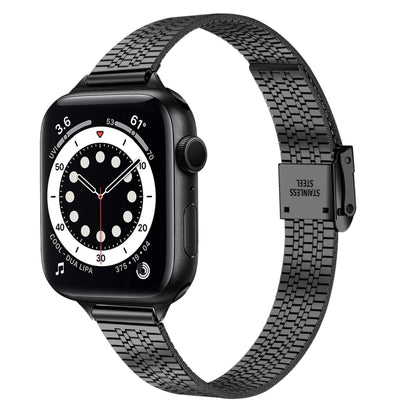 14mm Seven-beads Double Safety Buckle Slim Steel Watch Band For Apple Watch Ultra 49mm&Watch Ultra 2 49mm / Series 9&8&7 45mm / SE 3&SE 2&6&SE&5&4 44mm / 3&2&1 42mm(Black) - Watch Bands by buy2fix | Online Shopping UK | buy2fix