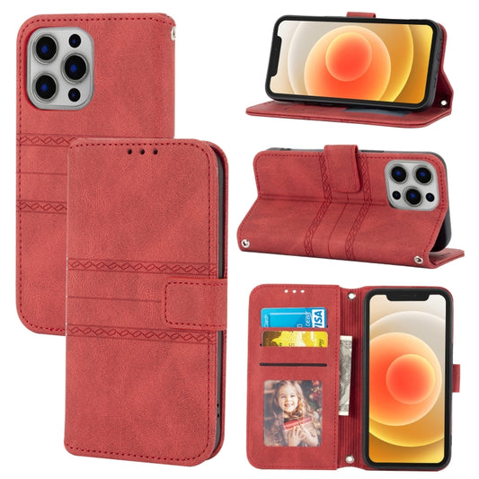 For iPhone 13 Pro Max Embossed Striped Magnetic Buckle PU + TPU Horizontal Flip Leather Case with Holder & Card Slot & Wallet & Photo Frame & Sling (Red) - iPhone 13 Pro Max Cases by buy2fix | Online Shopping UK | buy2fix