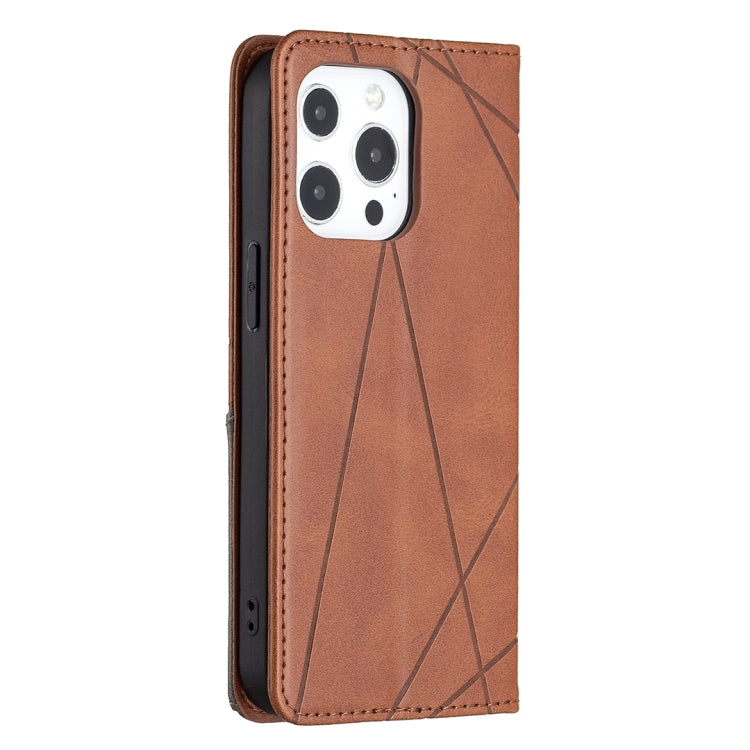 For iPhone 13 Rhombus Texture Horizontal Flip Magnetic Leather Case with Holder & Card Slots(Brown) - iPhone 13 Cases by buy2fix | Online Shopping UK | buy2fix