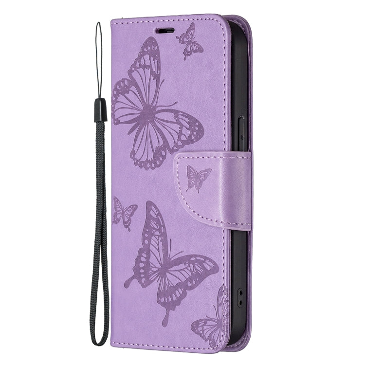 For iPhone 13 mini Embossing Two Butterflies Pattern Horizontal Flip PU Leather Case with Holder & Card Slot & Wallet & Lanyard (Purple) - iPhone 13 mini Cases by buy2fix | Online Shopping UK | buy2fix