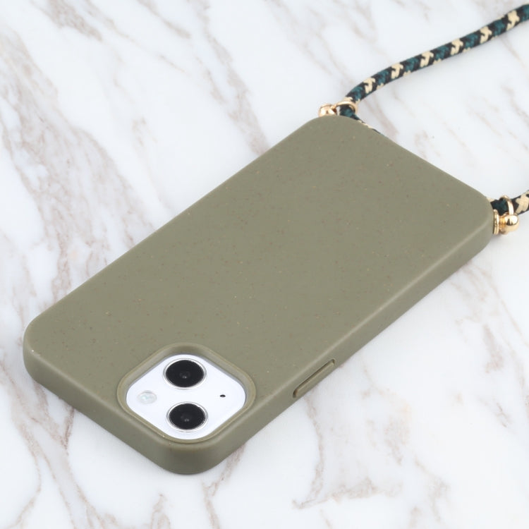 For iPhone 13 mini Wheat Straw Material + TPU Shockproof Case with Neck Lanyard (Dark Green) - iPhone 13 mini Cases by buy2fix | Online Shopping UK | buy2fix