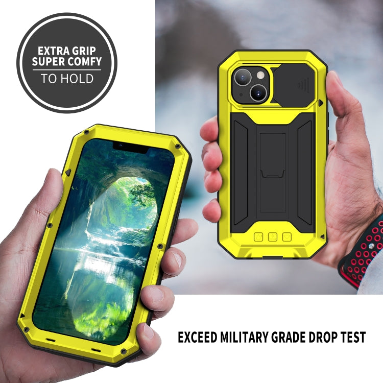 For iPhone 13 R-JUST Sliding Camera Shockproof Life Waterproof Dust-proof Metal + Silicone Protective Case with Holder(Yellow) - iPhone 13 Cases by R-JUST | Online Shopping UK | buy2fix