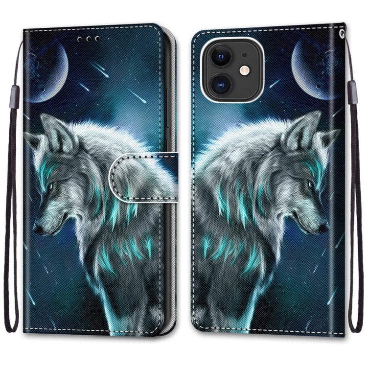 For iPhone 13 Coloured Drawing Cross Texture Horizontal Flip PU Leather Case with Holder & Card Slots & Wallet & Lanyard(Contemplative Wolf) - iPhone 13 Cases by buy2fix | Online Shopping UK | buy2fix