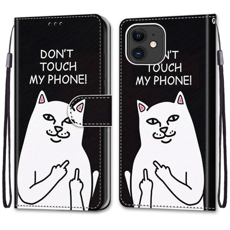 For iPhone 13 mini Coloured Drawing Cross Texture Horizontal Flip PU Leather Case with Holder & Card Slots & Wallet & Lanyard (Middle Finger White Cat) - iPhone 13 mini Cases by buy2fix | Online Shopping UK | buy2fix