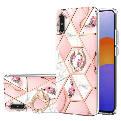 For Xiaomi Redmi 9A Electroplating Splicing Marble Flower Pattern TPU Shockproof Case with Rhinestone Ring Holder(Pink Flower) - Xiaomi Cases by buy2fix | Online Shopping UK | buy2fix