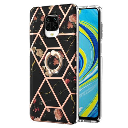 or Xiaomi Redmi Note 9S / Redmi Note 9 Pro / Redmi Note 9 Pro Max Electroplating Splicing Marble Flower Pattern TPU Shockproof Case with Rhinestone Ring Holder(Black Flower) - Xiaomi Cases by buy2fix | Online Shopping UK | buy2fix