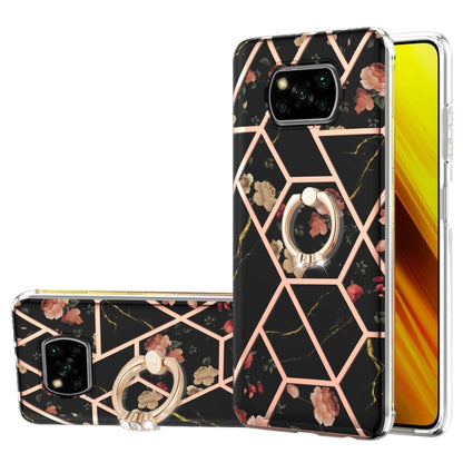 For Xiaomi Poco X3 NFC Electroplating Splicing Marble Flower Pattern TPU Shockproof Case with Rhinestone Ring Holder(Black Flower) - Xiaomi Cases by buy2fix | Online Shopping UK | buy2fix