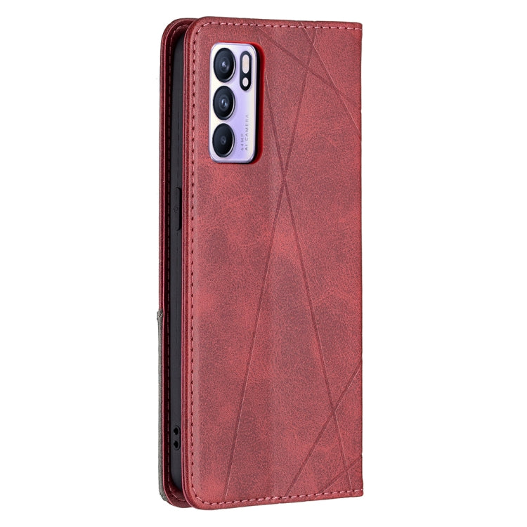 For OPPO Reno6 Rhombus Texture Horizontal Flip Magnetic Leather Case with Holder & Card Slots(Red) - OPPO Cases by buy2fix | Online Shopping UK | buy2fix