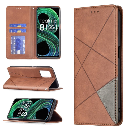 For OPPO Realme 8 5G / V13 Rhombus Texture Horizontal Flip Magnetic Leather Case with Holder & Card Slots(Brown) - Realme Cases by buy2fix | Online Shopping UK | buy2fix