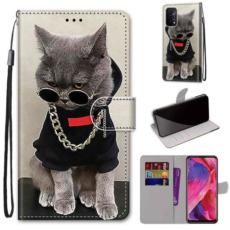 For OPPO A93 5G / A93s 5G / A54 5G / A74 5G Coloured Drawing Cross Texture Horizontal Flip PU Leather Case with Holder & Card Slots & Wallet & Lanyard(Golden Chain Grey Cat) - OPPO Cases by buy2fix | Online Shopping UK | buy2fix