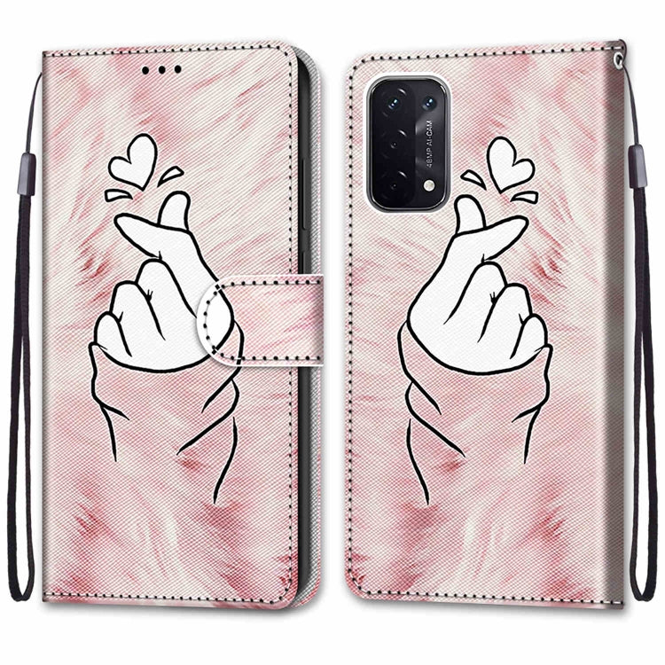 For OPPO A93 5G / A93s 5G / A54 5G / A74 5G Coloured Drawing Cross Texture Horizontal Flip PU Leather Case with Holder & Card Slots & Wallet & Lanyard(Pink Hands Heart) - OPPO Cases by buy2fix | Online Shopping UK | buy2fix