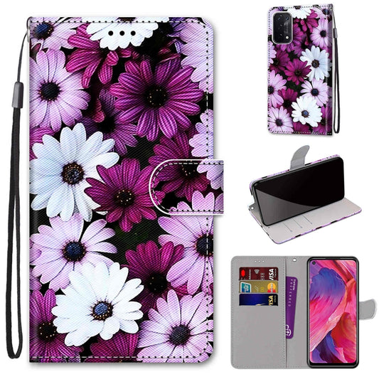 For OPPO A93 5G / A93s 5G / A54 5G / A74 5G Coloured Drawing Cross Texture Horizontal Flip PU Leather Case with Holder & Card Slots & Wallet & Lanyard(Chrysanthemum Pink White Purple) - OPPO Cases by buy2fix | Online Shopping UK | buy2fix