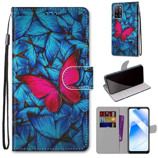 For OPPO A54 4G / A16 4G / A53s 5G / A55 5G Coloured Drawing Cross Texture Horizontal Flip PU Leather Case with Holder & Card Slots & Wallet & Lanyard(Blue Red Butterfly) - OPPO Cases by buy2fix | Online Shopping UK | buy2fix