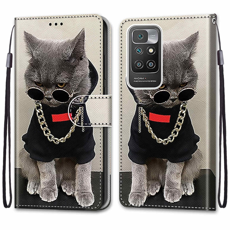 For Xiaomi Redmi 10 Coloured Drawing Cross Texture Horizontal Flip PU Leather Case with Holder & Card Slots & Wallet & Lanyard(Golden Chain Grey Cat) - Xiaomi Cases by buy2fix | Online Shopping UK | buy2fix