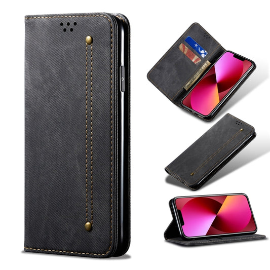 For iPhone 13 Denim Texture Casual Style Horizontal Flip Leather Case with Holder & Card Slots & Wallet(Black) - iPhone 13 Cases by buy2fix | Online Shopping UK | buy2fix