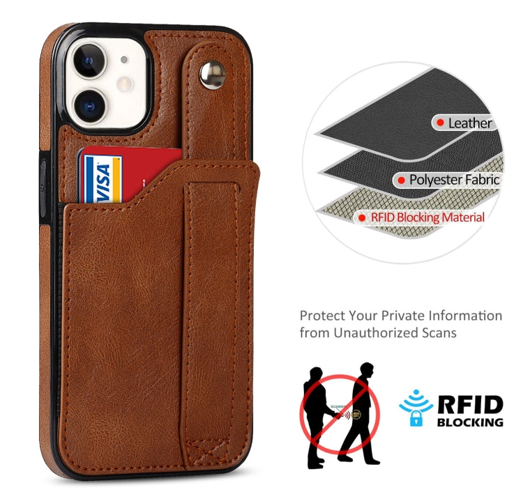 For iPhone 12 mini Crazy Horse Texture Shockproof TPU + PU Leather Case with Card Slot & Wrist Strap Holder (Brown) - iPhone 12 mini Cases by buy2fix | Online Shopping UK | buy2fix