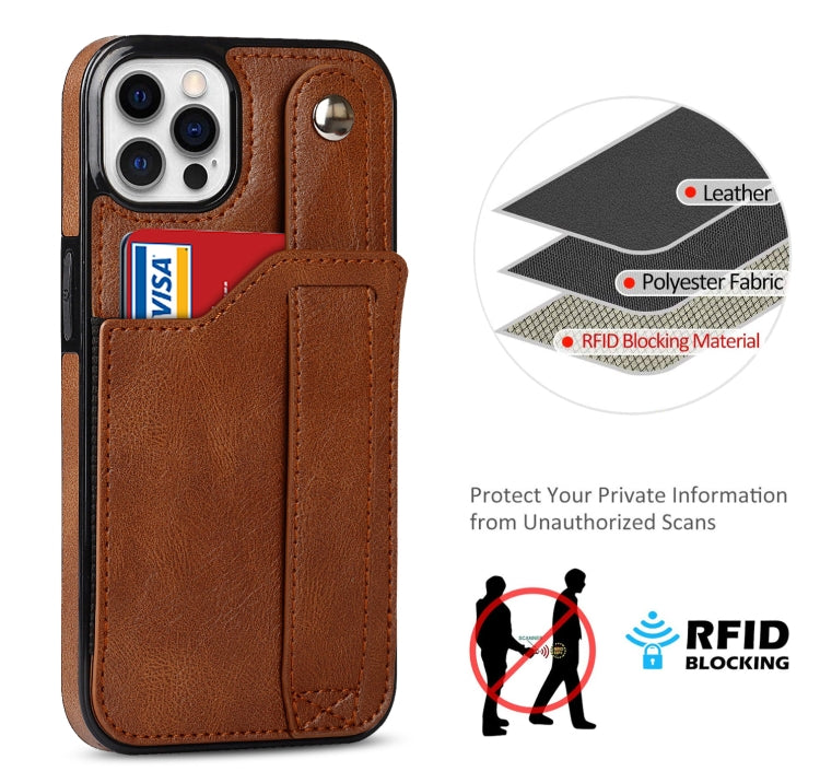 For iPhone 12 / 12 Pro Crazy Horse Texture Shockproof TPU + PU Leather Case with Card Slot & Wrist Strap Holder(Brown) - iPhone 12 / 12 Pro Cases by buy2fix | Online Shopping UK | buy2fix