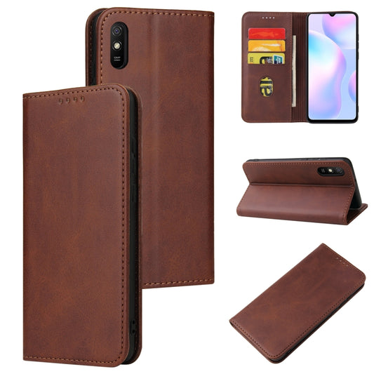 For Xiaomi Redmi 9A Calf Texture Magnetic Horizontal Flip Leather Case with Holder & Card Slots & Wallet(Brown) - Xiaomi Cases by buy2fix | Online Shopping UK | buy2fix