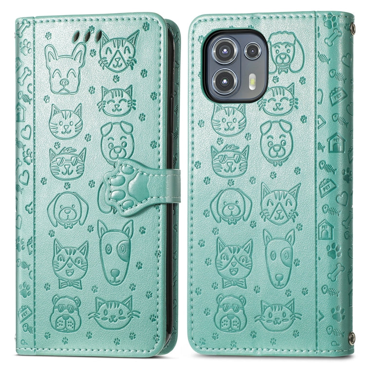 For Motorola Moto Edge 20 Lite Lovely Cat and Dog Embossing Pattern Horizontal Flip Leather Case , with Holder & Card Slots & Wallet & Cartoon Clasp & Lanyard(Green) - Motorola Cases by buy2fix | Online Shopping UK | buy2fix