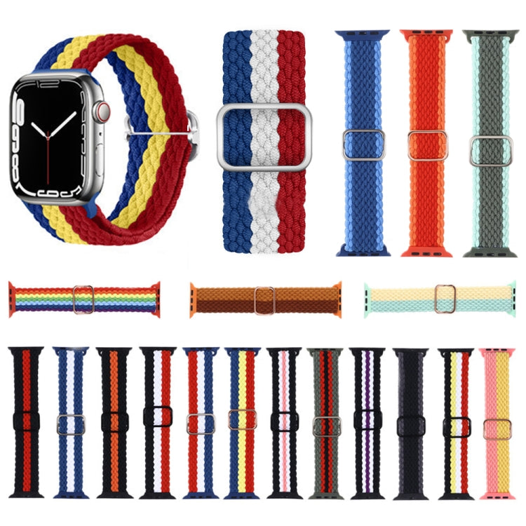 Adjustable Striped Woven Nylon Strap Watch Band For Apple Watch Ultra 49mm&Watch Ultra 2 49mm / Series 9&8&7 45mm / SE 3&SE 2&6&SE&5&4 44mm / 3&2&1 42mm(Blue Yellow Red) - Watch Bands by buy2fix | Online Shopping UK | buy2fix