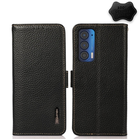 For Motorola Edge 2021 KHAZNEH Side-Magnetic Litchi Genuine Leather RFID Case(Black) - Motorola Cases by buy2fix | Online Shopping UK | buy2fix