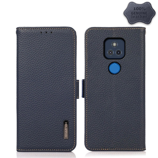 For Motorola Moto G Play 2021 KHAZNEH Side-Magnetic Litchi Genuine Leather RFID Case(Blue) - Motorola Cases by buy2fix | Online Shopping UK | buy2fix