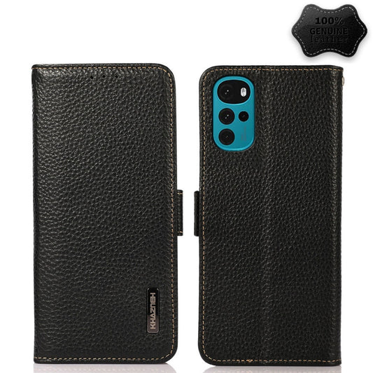 For Motorola Moto G22 KHAZNEH Side-Magnetic Litchi Genuine Leather RFID Phone Case(Black) - Motorola Cases by buy2fix | Online Shopping UK | buy2fix