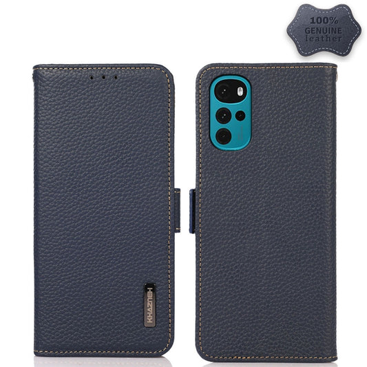 For Motorola Moto G22 KHAZNEH Side-Magnetic Litchi Genuine Leather RFID Phone Case(Blue) - Motorola Cases by buy2fix | Online Shopping UK | buy2fix