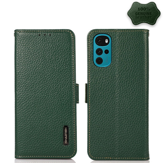 For Motorola Moto G22 KHAZNEH Side-Magnetic Litchi Genuine Leather RFID Phone Case(Green) - Motorola Cases by buy2fix | Online Shopping UK | buy2fix