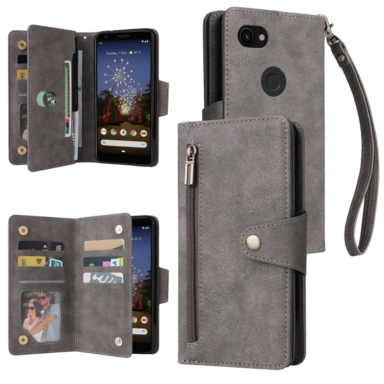 For Google Pixel 3A Rivet Buckle 9 Cards Three Fold Leather Phone Case(Grey) - Google Cases by buy2fix | Online Shopping UK | buy2fix