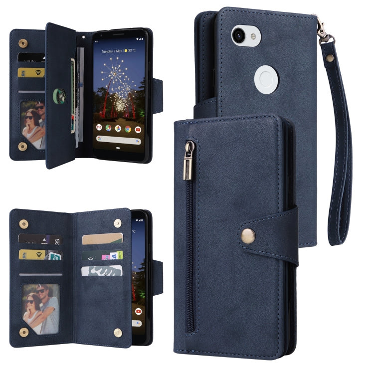 For Google Pixel 3A XL Rivet Buckle 9 Cards Three Fold Leather Phone Case(Blue) - Google Cases by buy2fix | Online Shopping UK | buy2fix