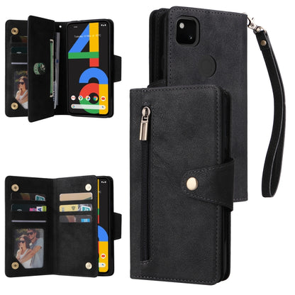 For Google Pixel 4A 4G Rivet Buckle 9 Cards Three Fold Leather Phone Case(Black) - Google Cases by buy2fix | Online Shopping UK | buy2fix