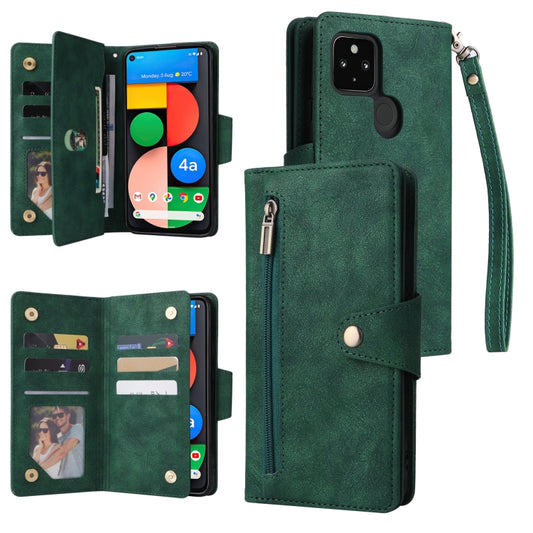 For Google Pixel 4A 5G Rivet Buckle 9 Cards Three Fold Leather Phone Case(Green) - Google Cases by buy2fix | Online Shopping UK | buy2fix