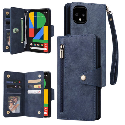 For Google Pixel 4 XL Rivet Buckle 9 Cards Three Fold Leather Phone Case(Blue) - Google Cases by buy2fix | Online Shopping UK | buy2fix