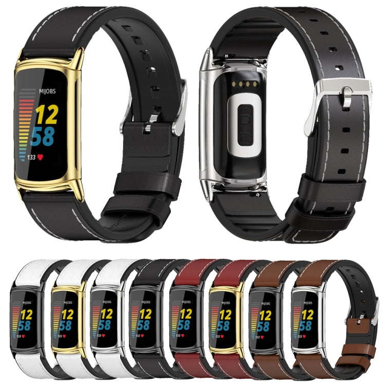 For Fitbit Charge5 Mijobs TPU + Leather Watch Band(Brown+Gold) - Watch Bands by MIJOBS | Online Shopping UK | buy2fix