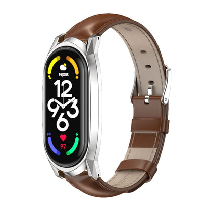 For Xiaomi Mi Band 7 / 7 NFC MIJOBS GT Metal Case Top Layer Cowhide Watch Band(Oil Brown Silver) - Watch Bands by MIJOBS | Online Shopping UK | buy2fix