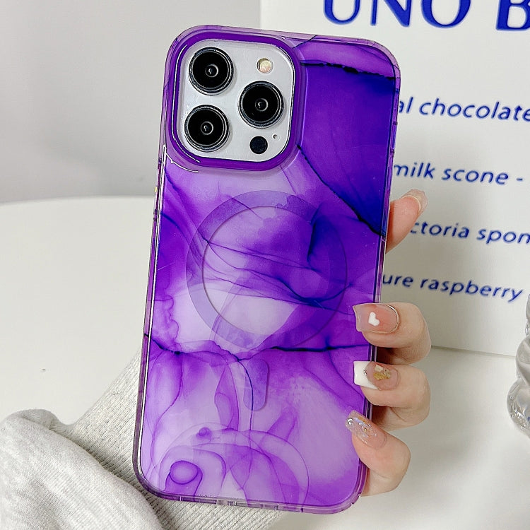 For iPhone 14 Plus Marble Dual-side Laminating Magsafe Phone Case(White Purple) - iPhone 14 Plus Cases by buy2fix | Online Shopping UK | buy2fix