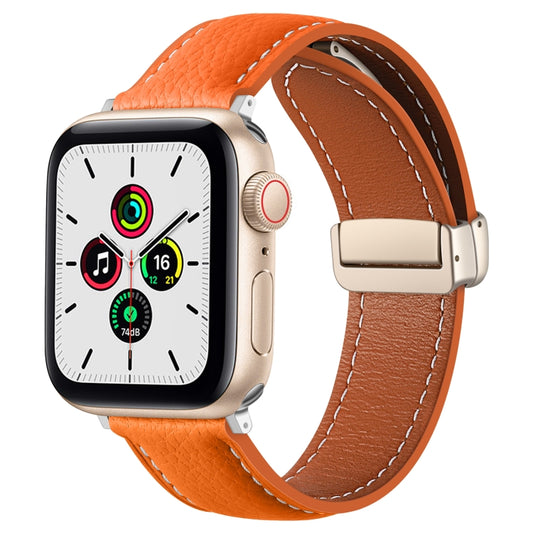 Folding Buckle Genuine Leather Watch Band for Apple Watch Series 8&7 41mm / SE 2&6&SE&5&4 40mm / 3&2&1 38mm(Orange) - Watch Bands by buy2fix | Online Shopping UK | buy2fix