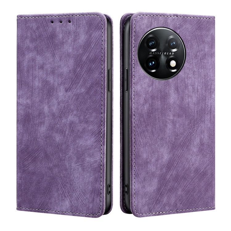 For OnePlus 11 RFID Anti-theft Brush Magnetic Leather Phone Case(Purple) - OnePlus Cases by buy2fix | Online Shopping UK | buy2fix