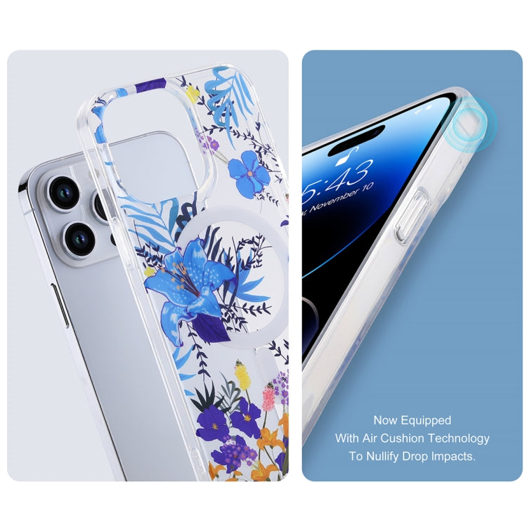 For iPhone 12 Pro Max Transparent Double Sided Magsafe Phone Case(Sky Blue Flower) - iPhone 12 Pro Max Cases by buy2fix | Online Shopping UK | buy2fix