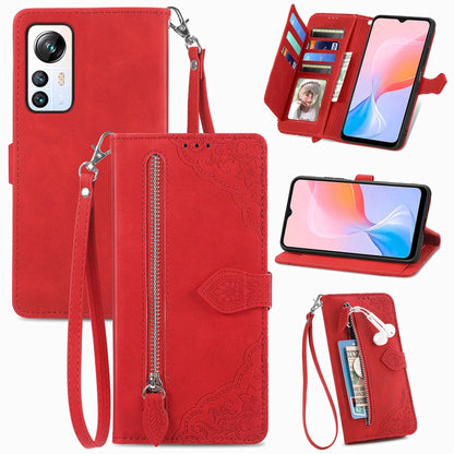 For Blackview A85 Embossed Flower Zipper Leather Phone Case(Red) - More Brand by buy2fix | Online Shopping UK | buy2fix