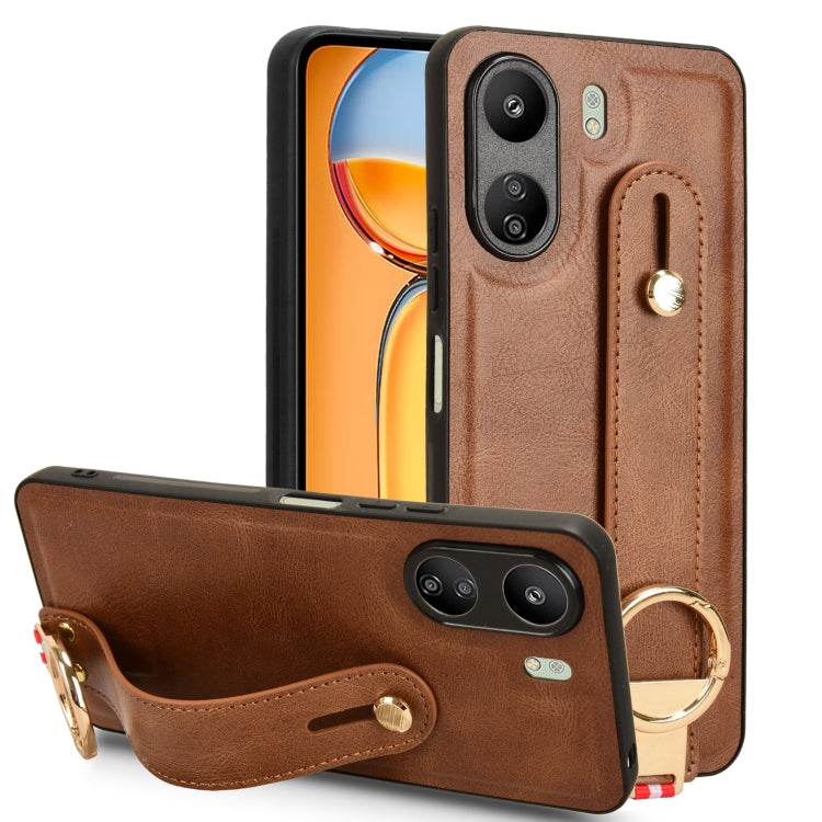 For Xiaomi Redmi 13C 4G/Poco C65 Wristband Leather Back Phone Case(Brown) - 13C Cases by buy2fix | Online Shopping UK | buy2fix